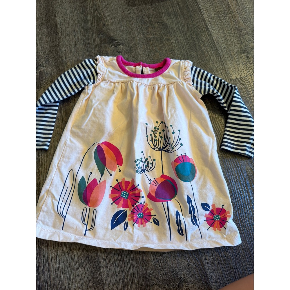 Tea Collection Girls Floral Striped Long Sleeve Dress Pink Cream 12-18 Months